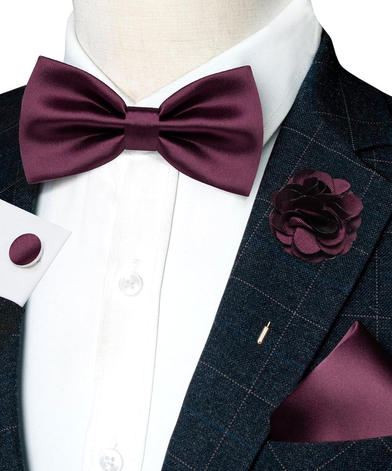 RBOCOTT Solid Color Bow Tie and Pocket Square with Lapel Pin Cufflinks Set 4PCS - Image 2